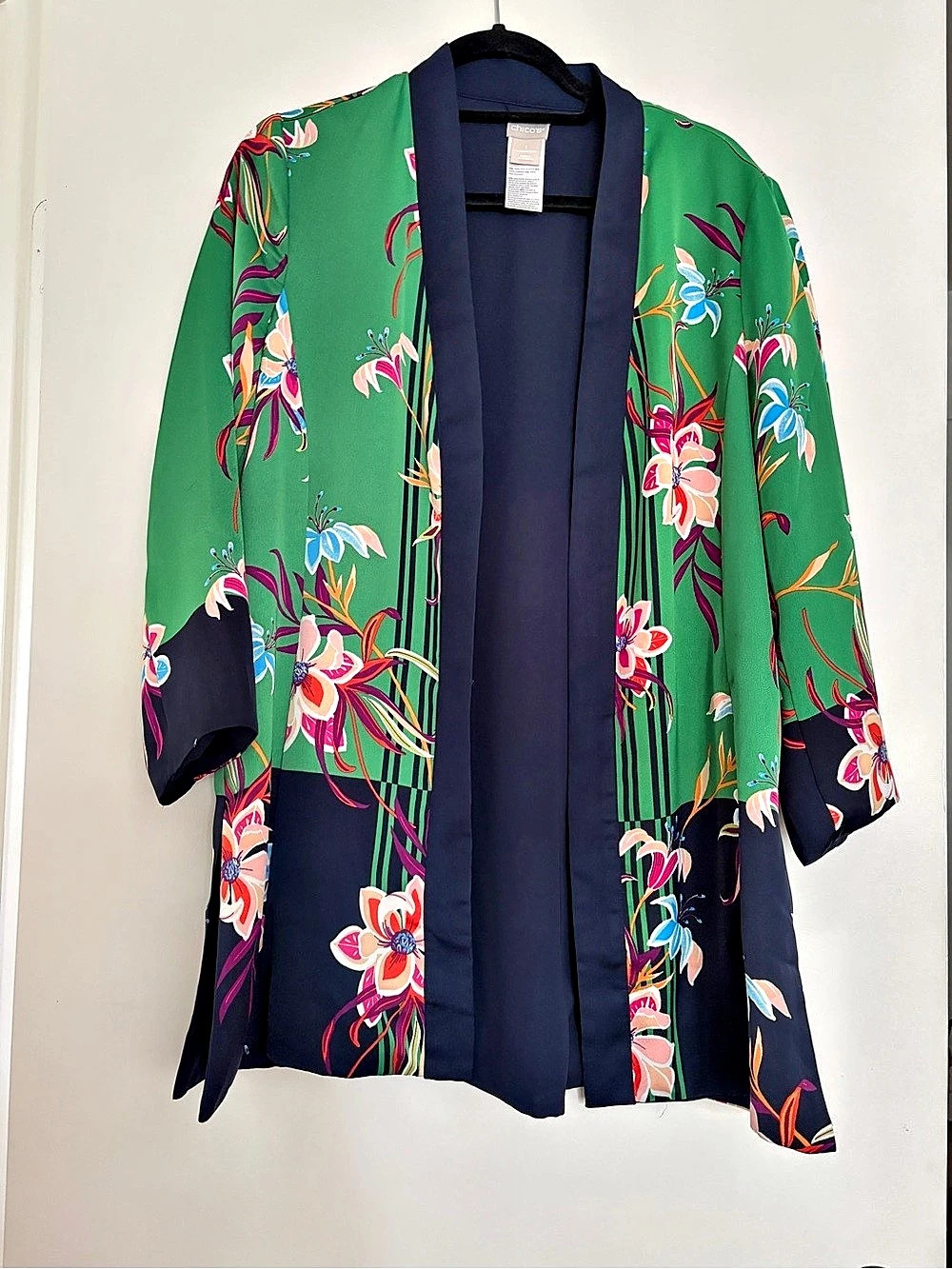 Chico's Floral Kimono Jacket in Green & Black Size 1